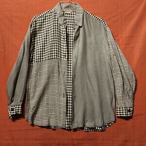 Vintage Sz M Gingham & Herringbone Colorblock Black & White Relaxed Fit Shirt